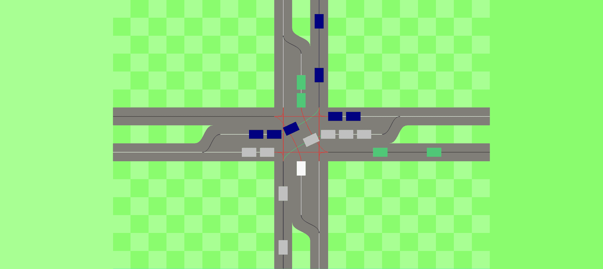 A picture of an intersection in a simulated software environment